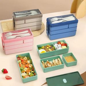 Servis 1 Set Lunch Box Portable Reusable 3 Layer Design Bento med Cutter Fork Spoon for Home School Office