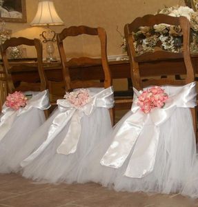 Pure White Tutu Tulle Chair Sashes Satin Bow Sash Custom Made Stol kjol Ruffles Bröllopsdekorationer Stol täcker födelsedagsfest 9348397