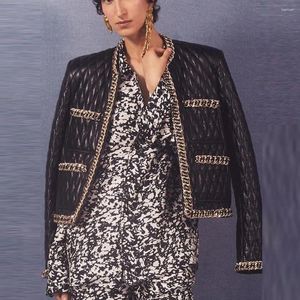 Kvinnors jackor lyxiga kedje kant utsmyckningar diamant design chic grid läderjacka pu cardigan smal långärmad o-hals vintage blazer