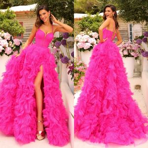 Rosig rosa en linje aftonklänningar eleganta remmar puffy kjol fest prom klänning lår slits långa klänningar för speciella tillfällen