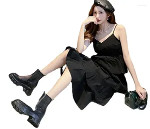 女性サンダルレディーススプリングファクトリーGeunine Leather Net Chunky Heels Cool Boots Elastic Band Sexy Low-Heeled Shoes W7 5