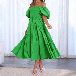 Vestidos casuais um ombro boho fold dresspuff manga sólida swing vestido com férias plissadas mulheres elegantes