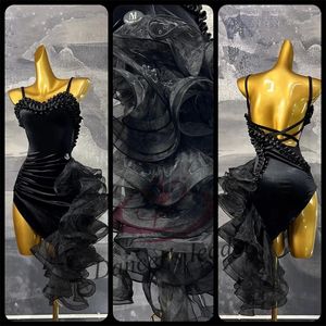 Stage Wear Latin Dance Dress High-end Custom Black Suspender Wave Skirt Cha Tango Female Adult Professional Clothing