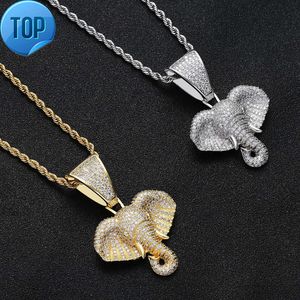 Hip Hop Rapper Shiny Diamond Pendant Gold Necklace Elephant Head Pendant Micro-Inset Zircon Jewelry Night Club Accessory Sweater Rope Chain Twist Chain 1488