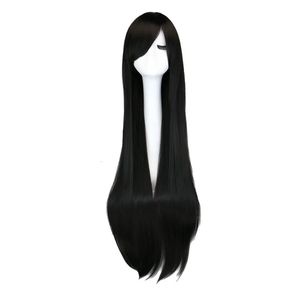 QQXCAIW Long prosta impreza Cosplay Czarna 40 100 cm syntetyczne włosy S 240113