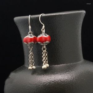 Orecchini pendenti in argento 925 con smalto artigianale Cachi rosso semplice per le donne Creativo Ruyi Vintage stile etnico nappa orecchini gioielli