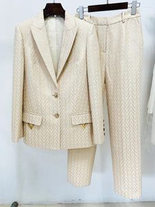 Women's Two Piece Pants Beige Suits Jacquard Weave V Decoration Blazer Suit Pant Sets Business Wear Korean Style Outfit Women