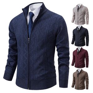 Förtjockad jacka Mens Autumn and Winter Warm Trend Line Stand Collar Sticked Cardigan tröja Coat 240113