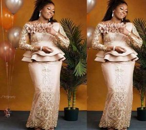 2022 Formal Plus Size Champagne Mother Of The Bride Dresses Jewel Neck Long Sleeves Lace Appliques Floor Length Peplum Flowers Par4786627