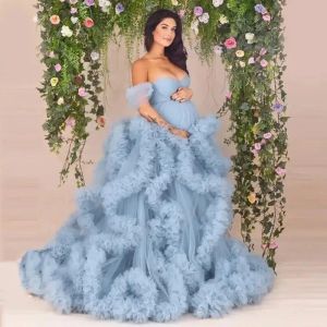 Dusty Blue Maternity Dresses for Photography Elegant Ruffled Tulle Photoshoot Dress Women Sweetheart Maxi Gown BJ