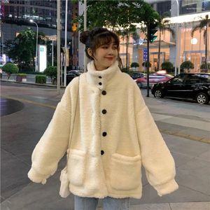 Kvinnors dike rockar förtjockad lammfleece -kappa stående krage 2024 Autumn Winter Korean Fashion Casual Loose Loose