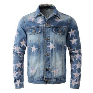 Beş Yıldızlı Yamalar Erkek Denim Ceket Yırtılmış Slim Fit Street Giyim Uzun Kollu Beyzbol Katlar Mavi Motosiklet Biker Katlar