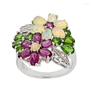 Anelli a grappolo Boho Fiore arcobaleno unico per le donne Colore argento Multicolor Cubic Zirconia Anello da dito pavimentato Gioielli di fidanzamento di nozze