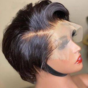 Pixie Cut Transparent Lace Human Hair s For Women Straight Short Bob T Part Prepluck Brazilia 240113