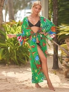 Women's Swimwear 2024 Spring Summer Beach Blouse Printed Bikini Sunscreen Shirt Holiday Cardigan Top Green