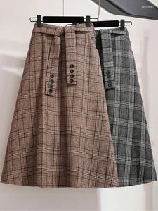 Kjolar pläd lång kjol kvinnor höst vinter ull midi kvinnlig koreansk stil a-line maxi lady elegant vintage casual