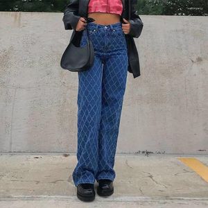 Women's Jeans Women Mom High Waist 90s Streetwear Argyle Plaid Baggy Trousers Vintage Indie Pants Y2K Aesthetics Blue Denim Outfit