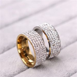 Hip Hop Ice Out Bling Full Rhinestone Womens Ring Golden Color 14K Gula guldringar för män Kvinnor Modesmycken Anel