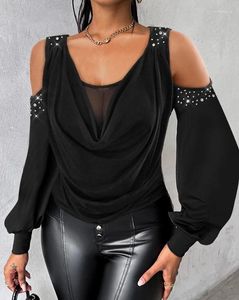 Women's T Shirts Fashion Womens Blouse Top Spring Rhinestone Cold Shoulder Sheer Mesh Patch Sexy Ruched Plain Blouses Casual Tee Tops