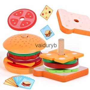 Cucine Gioca Cibo Fai da te Montessori Hamburger in legno impilabili Giocattoli per bambini e ragazzi Giocattoli educativi in età prescolare Abilità motoria fine Toyvaiduryb