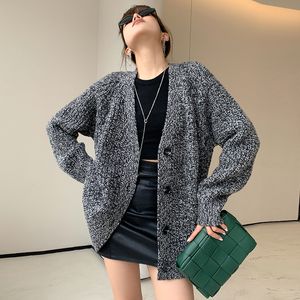 Winter Art Retro Thickened Full V-neck Woolen Cardigan Fashion Knitted Long sleeved Coat Soft Glutinous Sweater for Women