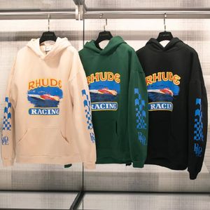 Rhude 까마귀 디자이너 Mens Hoodie Letter 인쇄 긴 슬리브 후드 패션 스포츠 폴로버 남성 여성 고품질 브랜드 스웨트 셔츠 느슨한 크기