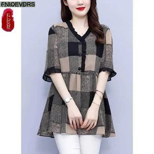 Damenjacken L-5XL Lose Kleidung 2023 Frauen Sommer Kurzarm Rüschen Plaid Shirts Lässige Retro Vintage Floral Tunika Schößchen Tops Blusen YQ240115