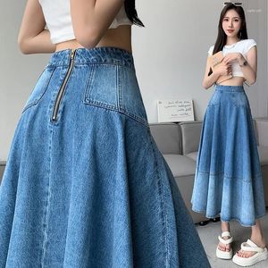 Skirts Retro Gradient Denim Skirt For Women's Summer High Street Texture Washed Mid Length Large Swing A-line Jeans Blue