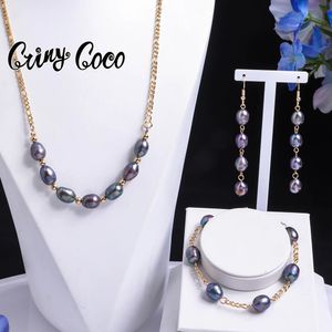 Cring Coco Damen-Halsketten-Set, modisches hawaiianisches Schmuckset mit schwarzen Perlen, Süßwasser-Barock-Armbänder, Ohrringe, Schmuck-Set 240115