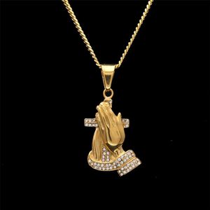 New Mens Hip hop Parying Hands Cross Pendant Rhinestone Stainless Steel Gold Color Pendant Necklace Chain Punk Jewelry252G