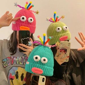 Berets Koreanische Stil Mode Große Augen Paar Gestrickte Hut Winter Warme Nette Lustige Plüsch Mützen Cartoon Kappe Für Outdoor Party