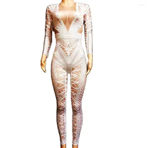 Stage Wear White Long Sleeve Women Pole Dancing Nightclub Party Show Performance Costumes Skinny Stretch Backless Leotard