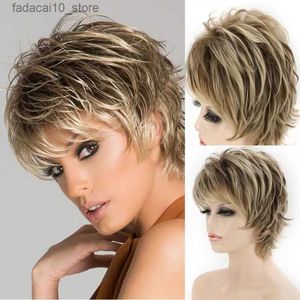 Synthetic Wigs Women's Fashion Short Synthetic Wigs Pixie Cut Blonde Ombre Hair Costume Party Wigs for Woman Fluffy Natural Curly Wavy Wig Q240115