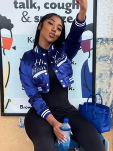 Carta Bordado Mulheres Jaqueta Bomber Y2K Streetwear Moda Único Breasted Slim Casacos Curtos Varsity Jackets Outerwear 240115