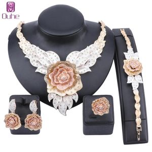 Halsband kvinnor fest brud fina kristall rose blomma halsband smycken set för bröllop fest middag klänning tillbehör smyckesuppsättningar