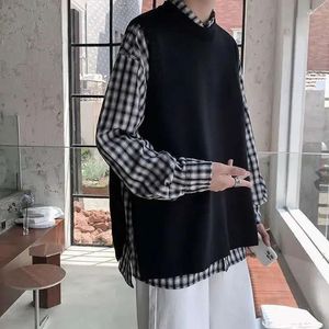 Men's Vests Man Clothes Vest Crewneck Sleeveless Plain Knitted Sweaters For Men Round Collar Solid Color Slit Waistcoat Y2k Vintage Order A