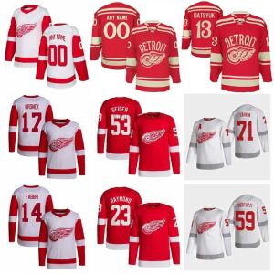 Benutzerdefiniertes Hockey-Trikot für Herren und Damen, Detroit Hockey Red Wings, 53 Moritz Seider, 14 Robby Fabbri, 17 Filip Hronek, 24 Pius Suter, 71 Dylan Larkin, 59 Tyler Bertuzzi