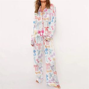 y2k Loungewear Women Set Satin Cartoon Print Long Sleeve Lapel Button Shirt with Elastic Waist Pants 2 Pieces Sleepwear 240115