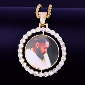 Custom Made Po Rotating double-sided Medallions Pendant Necklace cuban LINK Chain Zircon Men's Hip hop Jewelry 2x1 65 inch251Z