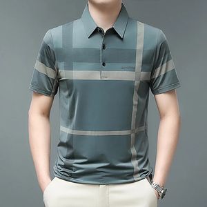 Men's Polo Shirt Summer Short Sleeve Tshirt Striped Printing Button Loose Plus Size Casual Comfort Fashion Tops 240115