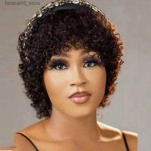 Synthetic Wigs 8 Inch Short Pixie Curly Bob Wig with Bangs Brazilian Human Hair Bouncy Curl Wig for Women Ready to Go Wig Q240115