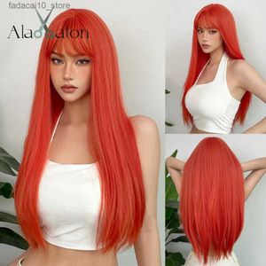 Synthetic Wigs ALAN EATON Long Orange Synthetic Wigs with Bangs Straight Colorful Wigs for Women Natural Looking for Party Heat Resistant Wig Q240115