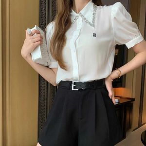24SS新しいシャツデザイナーブラウス春夏ポロ襟ラインストーン半袖トップレター刺繍パフスリーブカーディガンシャツの女性