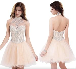 Sweety aberto de volta halter pescoço luz laranja vestidos de baile curto organza vestidos de baile curto modesto nova chegada cristal bonito vestidos