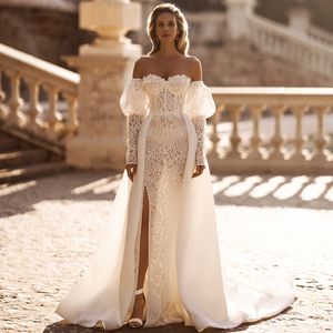 Elegant Full Lace Mermaid Wedding Dresses with Detachable Train Sweetheart Off the Shoulder Bridal Gown