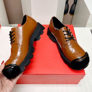 Small New-style Thick-soled Small Platform Shoes Patent Leather Women's First Layer Of Leather Lace-up Platform Casual Shoes Vintage Brown 10a Top Quality With Box