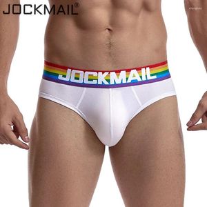 Cuecas jockmail homens briefs roupa interior sexy respirável arco-íris listras confortáveis shorts cueca gay masculino calcinha