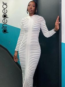 Casual Dresses PinePear White Long Sleeve Knitted Dress For Women Striped Bodycon Sexy See Through Stretchy Maxi Autumn Winter 2024