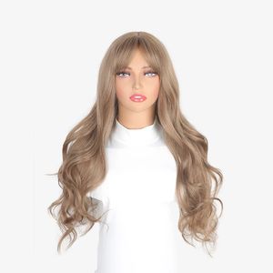 Syntetisk peruk för kvinnor med lugg Big Wavy Daily Long Hair Linen Brown Wig Set Fashionable Wig High Temperatur Silk Head Cover240115