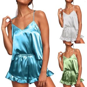 Women's Sleepwear Women Satin Sexy Pajamas Set Solid Color Suspender V-Neck Sleep Tops With Ruffled Shorts Home Clothes Backless Pijama